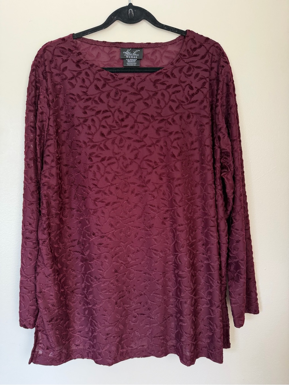 Kathie Lee Collection Burgundy Long Sleeve Sheer Mesh Top 18W 20W VTG